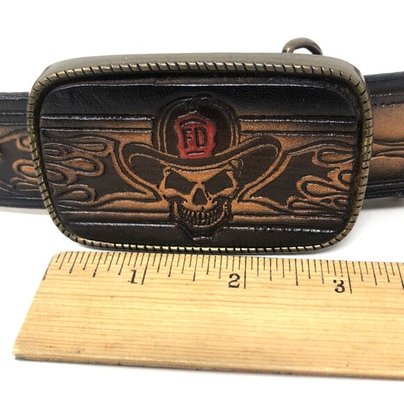 VTG Brass Skull FD Helmet Buckle Embossed Belt Mens 38 Black Leather Fire Dept - Picture 8 of 12